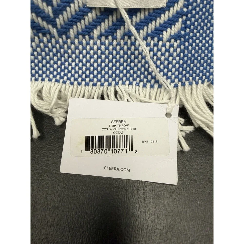 Sferra Costa Cotton Throw Blanket Ocean Blue Herringbone Weave Fringed 50x70 New